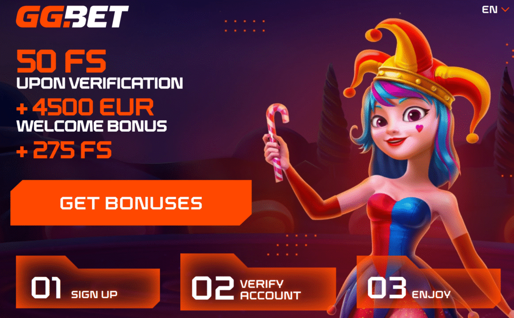 Imagem promocional dos bónus do casino GG.BET com identidade visual laranja e roxa