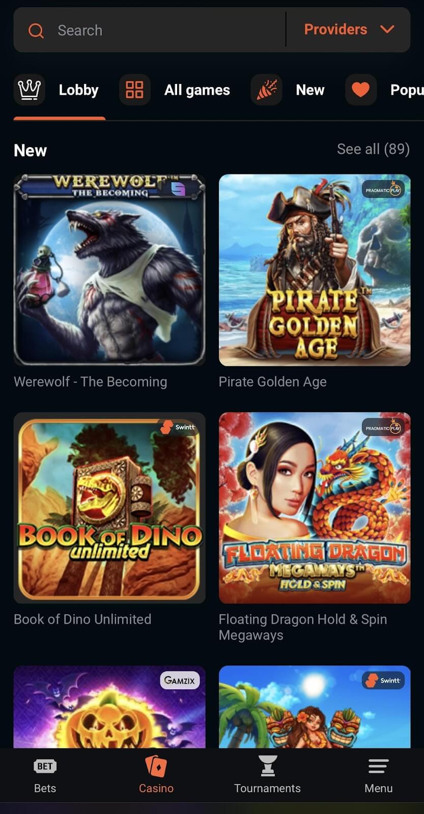 Versão móvel do GG.BET em Android mostrando navegação de cassino no celular